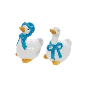 Vintage Inspired Geese Goose Salt Pepper Shakers White/Blue Ribbon Bow , 3.25"